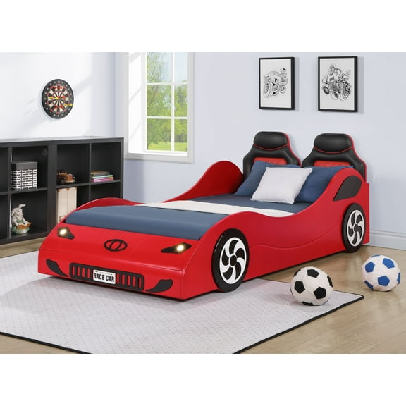 Colen Red Finish Twin Car Bed with LED Lights & PU Leather Upholstery - Durable Pine Wood & MDF Frame - Exciting Automotive Design for Young Enthusiasts' Bedroom