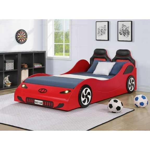 Colen Red Finish Twin Car Bed with Cool LED and Padded Upholstery
