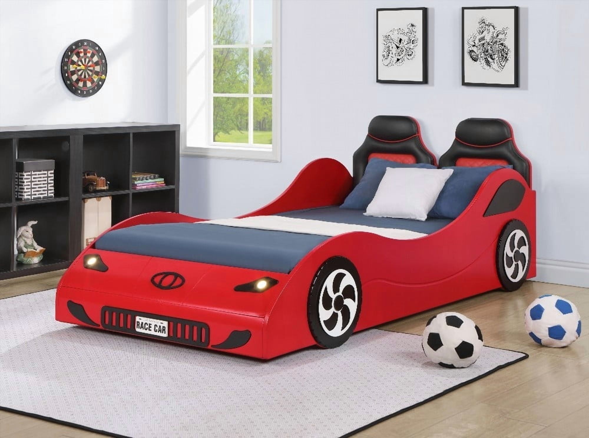 Colen Red Finish Twin Car Bed with LED Lights and Comfort - No Box Spring Needed