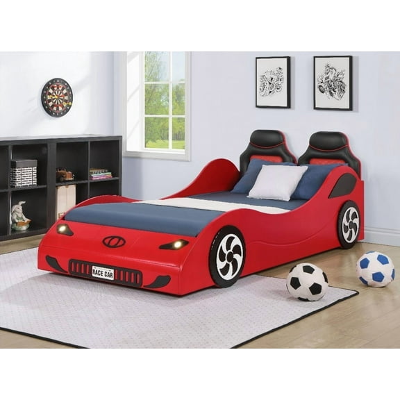 Colen Red Finish Twin Car Bed with LED Lights and Comfort - No Box Spring Needed