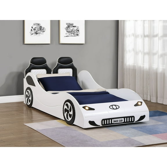 Colen White Finish Twin Car Bed with LED