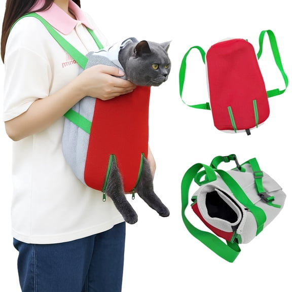 Colenumone Cat Carrier Backpack, Lightweight Front Pet Carrier with Storage Pocket, Breathable Mesh Cat Travel Bag for Hiking & Walking, Hands-Free Cat Front Pack with Adjustable Straps,Red&Grey,S/M