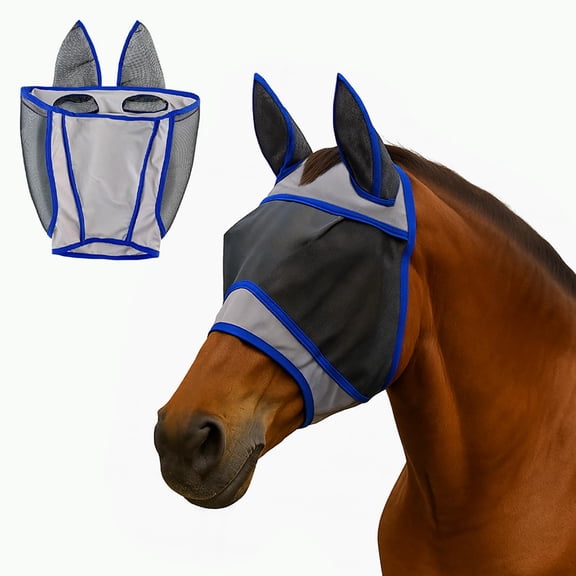 Colenumone Horse Fly Mask with Ears Breathable Mesh Fly Masks for Horses,Blue Trim, All-Day Protection(Upper 14.6 in / Lower 12.2 in)