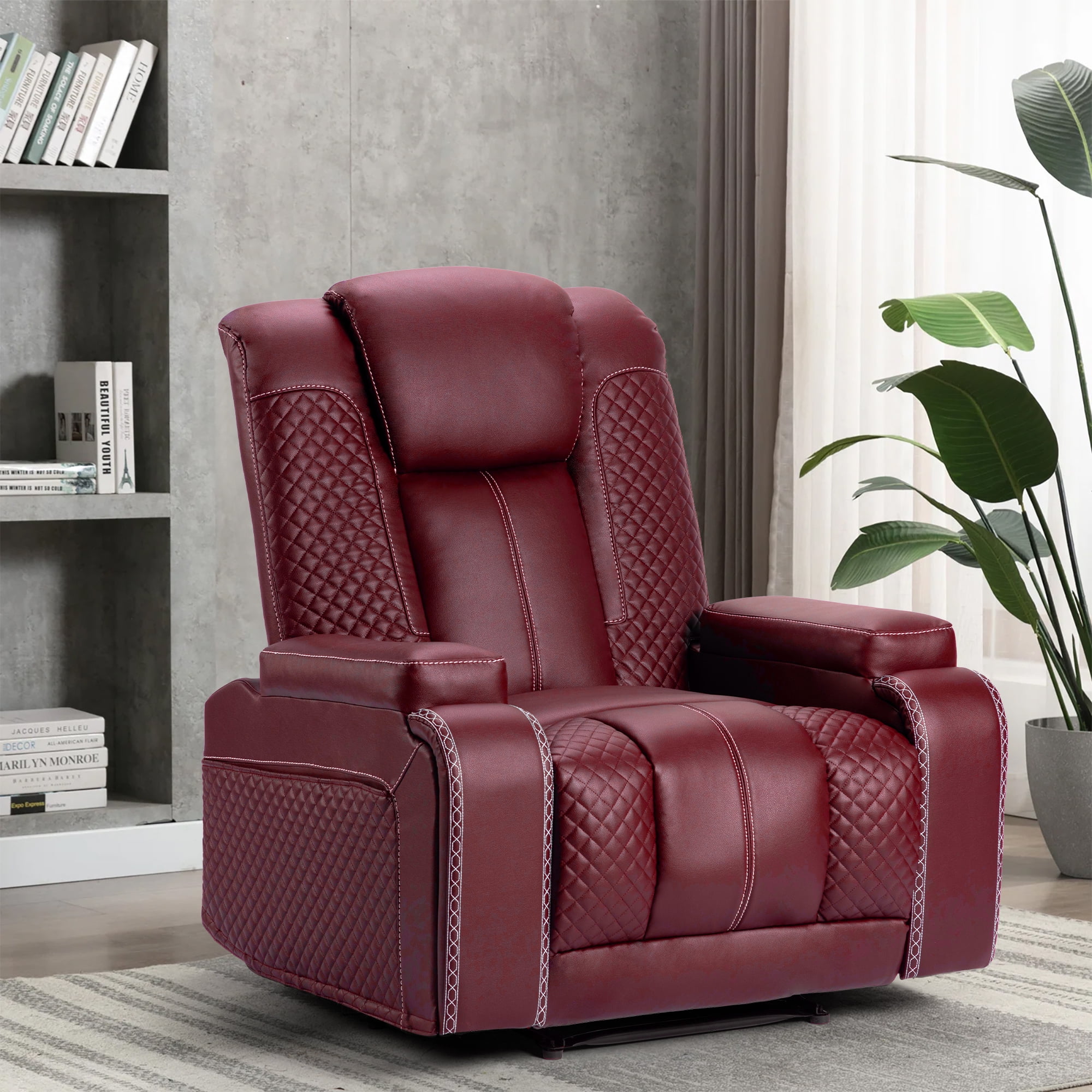 Colerline 37 Wide Modern Faux Leather Air Leather Hometheater Reclining Chair with Hide Cupholders and Arm Compartments set of 2 Claret