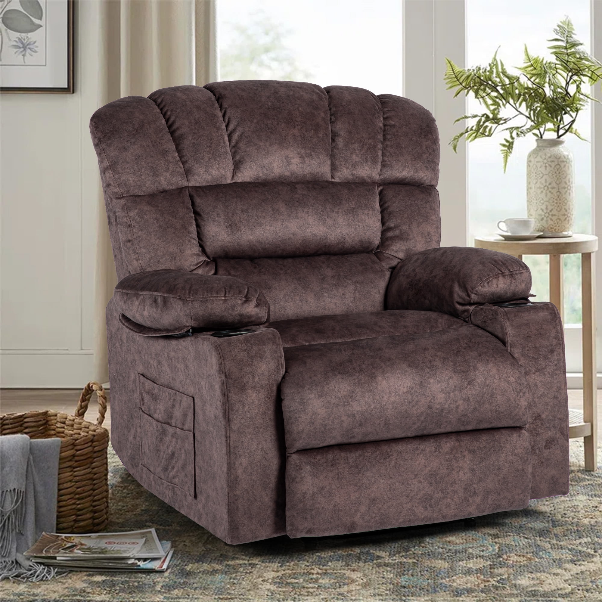 Kimbereley Modern Oversize Big Man 41 Wide Velvet 360 Degree Swivel Rocker Manual Recliner Chair with Heating and Massage Mercer41 Fabric: Brown Velv