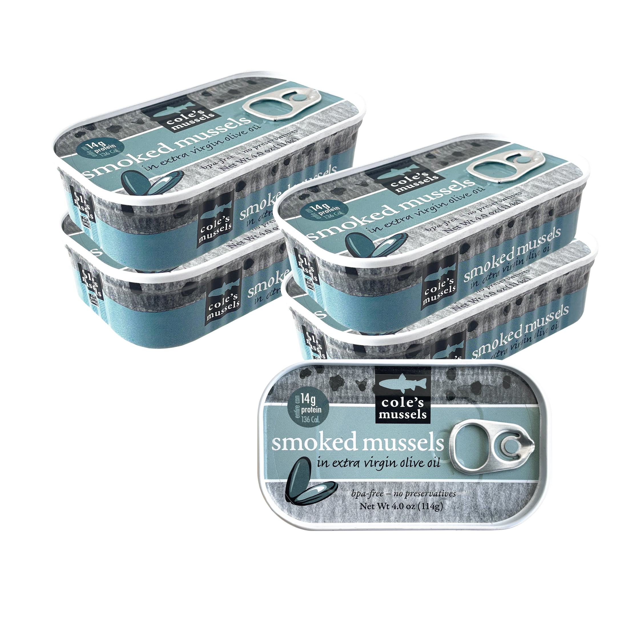COLES SMOKED MUSSELS CANNED IN EXTRA VIRGIN OLIVE OIL - Canned Mussels, High in Protein, Applewood Smoked, Hand-Packed Seafood, Gluten-Free - 4 oz (5 pack)