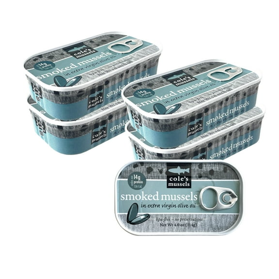 COLES SMOKED MUSSELS CANNED IN EXTRA VIRGIN OLIVE OIL - Canned Mussels, High in Protein, Applewood Smoked, Hand-Packed Seafood, Gluten-Free - 4 oz (5 pack)
