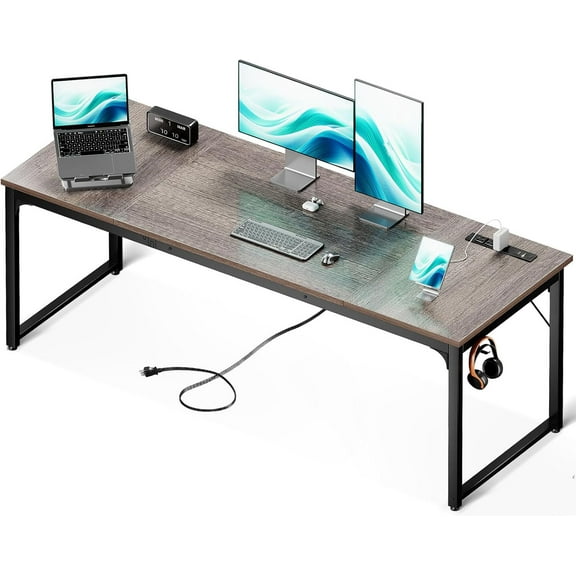 Coleshome 71 x 24 Inch Computer Desk with USB Ports, Large Office Desk, Long Study Student Writing Desk, Grey Oak