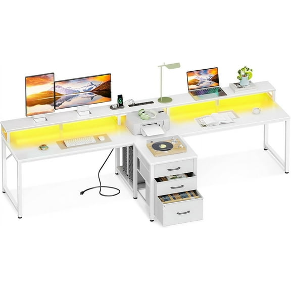 Coleshome 94" Computer Desk with Fabric Drawers & File Cabinet- 2 Person Home Office Desks with Power Outlet & LED Light, Long Writing Desk with Monitor Stand, Storage Shelves, Study/Work Table