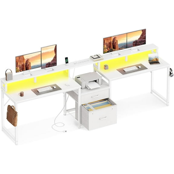 Coleshome 98 Inch 2 Person Gaming Computer Desk with Fabric Drawer & File Cabinet, Two Person Long Writing Home Office Desk with Power Outlet & LED Light & Monitor Stand, Storage Shelves, White