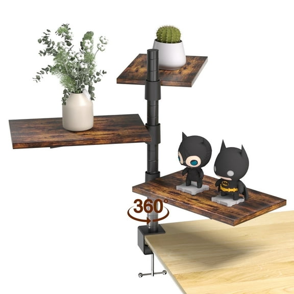 Clamp On Desk Shelf 3-Tier, 360° Adjustable Height Wood Shelving Unit for Office Desk Gaming Accessories, Rotatable Storage Tray, Desktop Book Organizer Storage Rack, Shelf for Desktop Decoration