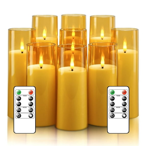 Colesno Flameless LED Candles with Timer,9 Pc Electric Pillar Candles with Embedded Star String,Battery Operated Candles(Gold)