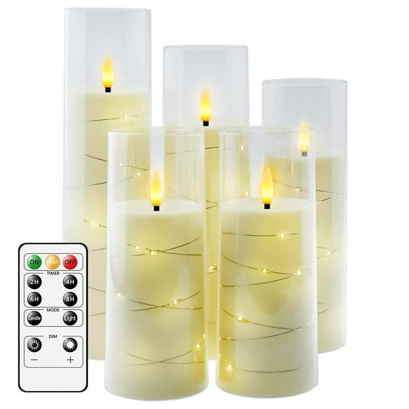 Colesno Flickering Flameless Candles with Timer,5 Pc Electric LED Candles with Embedded Star String,Battery Operated Candlesï¼Whiteï¼