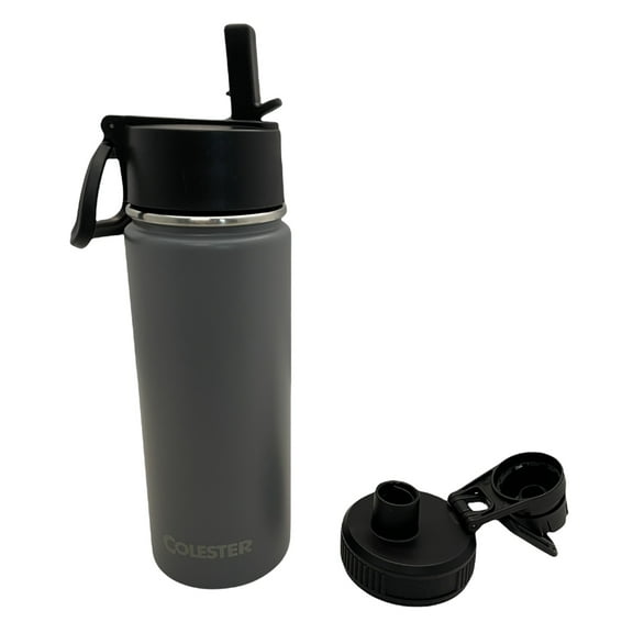 Colester Direct Stainless Steel Double-Insulated Water Bottle with Flip Top Straw Lid and Wide Mouth Lid, 18 oz Gray