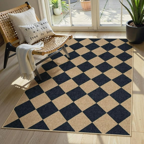 l1 Colette Checkered Easy Jute 3x5 Outdoor Patio Rug, Washable Rugs for Entryway Diamond Indoor Outdoor Living Room Carpet, Farmhouse Neutral Non Slip Black Door Carpet for Backyard Bedroom