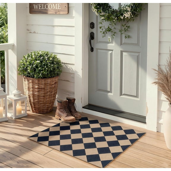 Colette Checkered Easy Jute Kitchen Rug, 2x3 Front Door Mat Non Slip Washable Neutral Area Rug, Farmhouse Diamond Non Shedding Low Pile Floor Carpet for Entryway Porch Doorway
