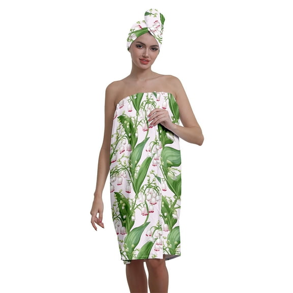Colevkie 2 Pcs Bath Skirt & Shower Cap Set for Women Polyester Adjustable Quick Drying Bath Wrap Set for Shower Spa Sauna Printed Flowers Pattern