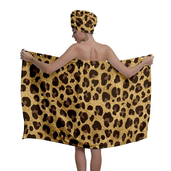 Colevkie 2 Pcs Bath Towel & Hair Drying Cap Set for Women Polyester Soft Comfortable Adjustable Bath Wrap Set for Spa Sauna Beach Bathroom Printed Leopard Pattern