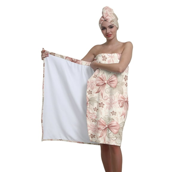Colevkie 2 Pcs Bath Wrap Set Bath Towel & Hair Drying Cap for Women Absorbent Quick Drying Portable for Travel Sauna Bathroom Shower Skirt & Cap Printed Bows Pattern
