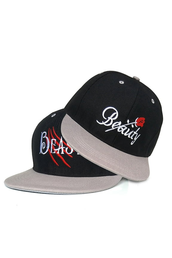 2 Pcs Beauty Beast Baseball Cap,Embroidered Snapbacks with Flat Brim,Adjustable,Black,Hip Hop Style,Gift for Couples