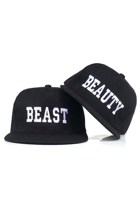 2 Pcs Beauty Beast Baseball Cap,Embroidered Snapbacks with Flat Brim,Adjustable,Black,Hip Hop Style,Gift for Couples