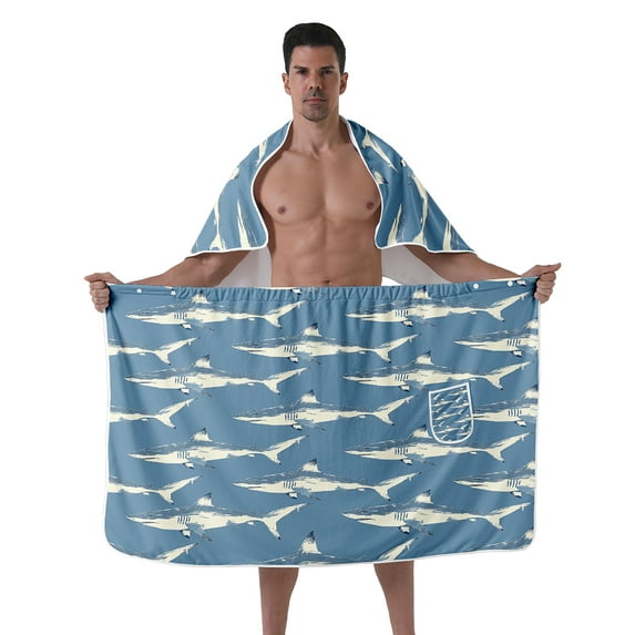 Colevkie 2 Pieces Bath Wrap Set for Men Bath Skirt & Shower Towel Soft Adjustable Beach Towel Wearable Shower Skirt for Home Bathroom Sauna Printed Sharks Pattern