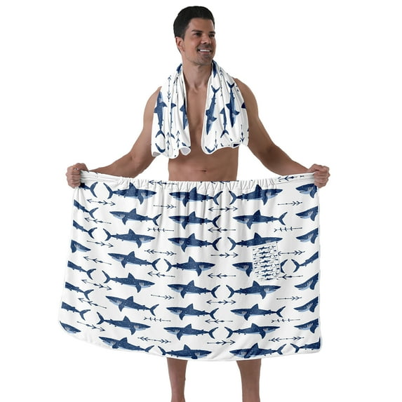 Colevkie 2 Pieces Bath Wrap Set for Men Bath Skirt & Shower Towel Soft Adjustable Beach Towel Wearable Shower Skirt for Home Bathroom Sauna Printed Sharks Pattern