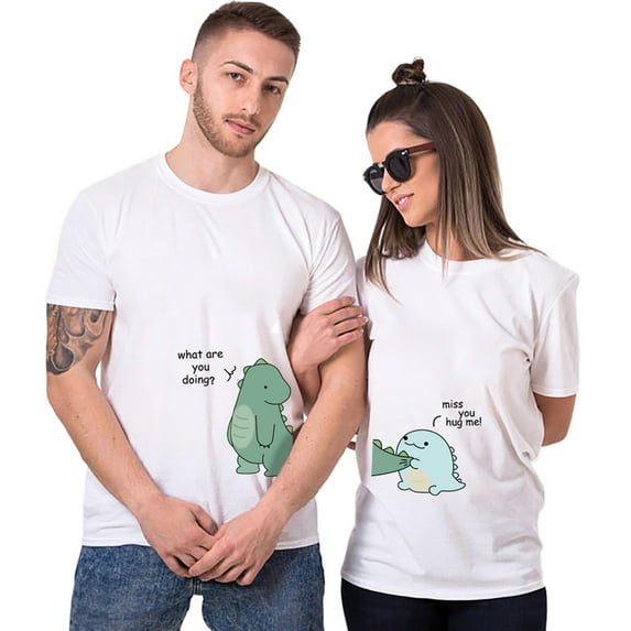 Colevkie Cute Dinosaur Couple Tshirt for Husband Wife Him&Her Valentine day Anniversary,Crew Neck,1 Piece(White-Men,2XL)