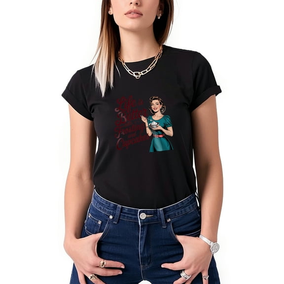 Colevkie Life is better with frosting and cupcakes T-shirt Women’s Retro Housewife Tee Funny Vintage Graphic T-shirt Mother’s Day Gift(Black-Women,XS)