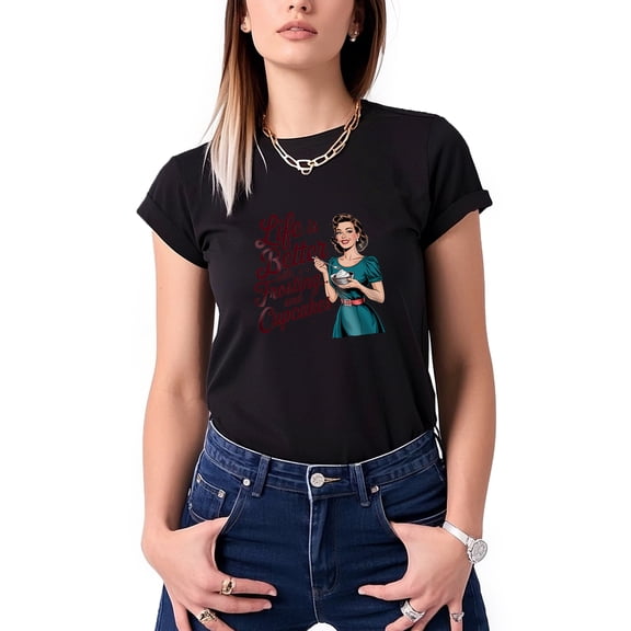 Colevkie Life is better with frosting and cupcakes T-shirt Women’s Retro Housewife Tee Funny Vintage Graphic T-shirt Mother’s Day Gift(Black-Women,M)