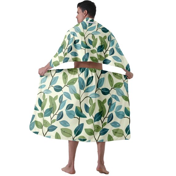 Colevkie Men's 2 Pcs Bath Skirt &Shower Towel Set for Home Hotel Sauna Quick Drying Absorbent Adjustable Bath Wrap Set Printed Leaves Pattern