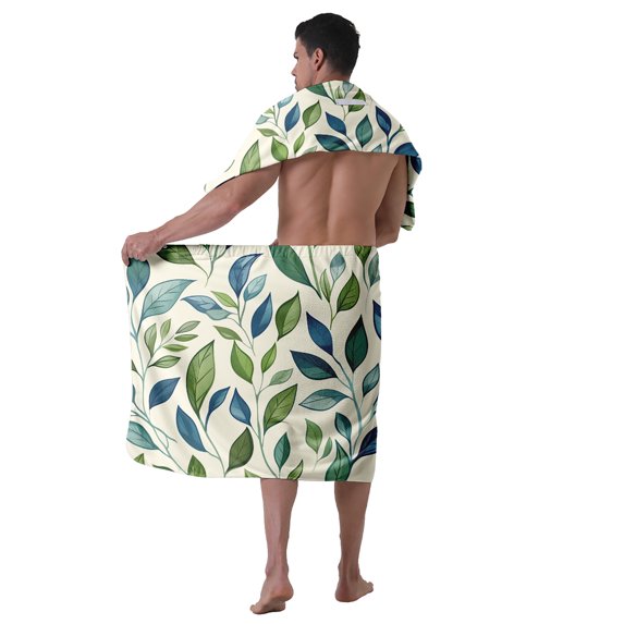 Colevkie Men's 2 Pcs Bath Skirt &Shower Towel Set for Home Hotel Sauna Quick Drying Absorbent Adjustable Bath Wrap Set Printed Leaves Pattern