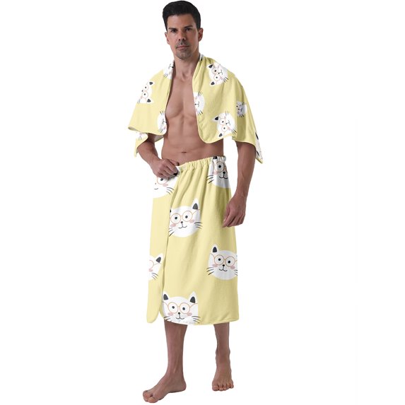 Colevkie Men's 2 Pcs Cats Theme Shower Skirt & Bath Towel Set Soft and Absorbent Bath Wrap Set Polyester Quick Drying for Home Spa Sauna Beach