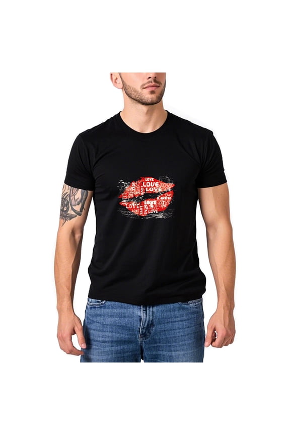 Men's Red Lips Novelty Tshirt Crewneck Short Sleeves Love Theme Tops Tee for Summer Streetwear(Black,M)