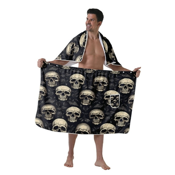 Colevkie Men's Soft Absorbent Bath Skirt & Towel 2 Pieces Set Adjustable Lightweight Beach Towel Shower Skirt Bath Wrap Set for Bathroom Home Sauna Hotel Printed Skulls Pattern