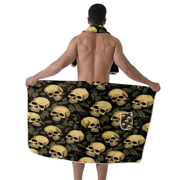 Colevkie Men's Soft Absorbent Bath Skirt & Towel 2 Pieces Set Adjustable Lightweight Beach Towel Shower Skirt Bath Wrap Set for Bathroom Home Sauna Hotel Printed Skulls Pattern