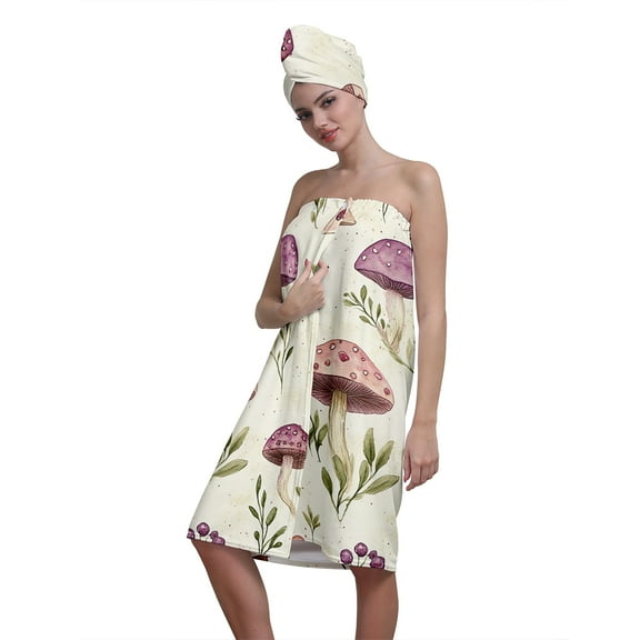 Colevkie Women 2 Pcs Bath Wrap Set for Home Use Bath Towel & Shower Cap Soft Quick Drying Adjustable Shower Skirt Hair Drying Cap for Spa Bathroom Sauna Printed Mushrooms Pattern