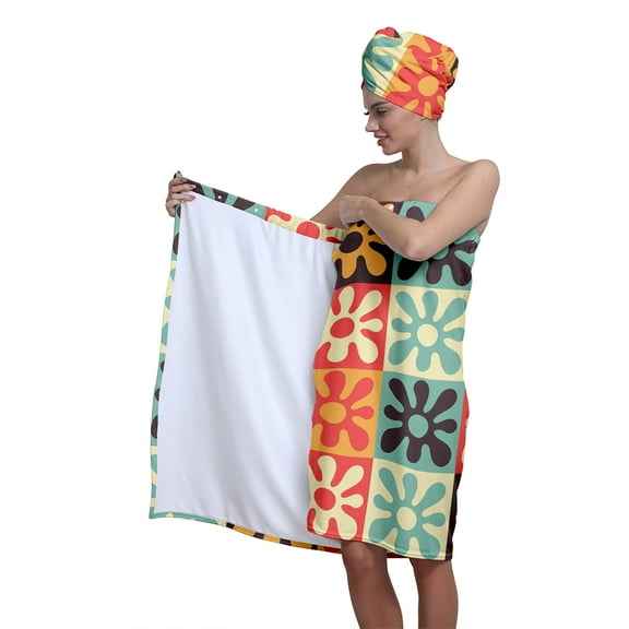 Colevkie Women 2 Pcs Soft Bath Wrap Set Bath Towel & Hair Drying Cap Quick Drying Adjustable Beach Towel Shower Cap Polyester for Bathroom Sauna Spa Printed Abstract Style Pattern