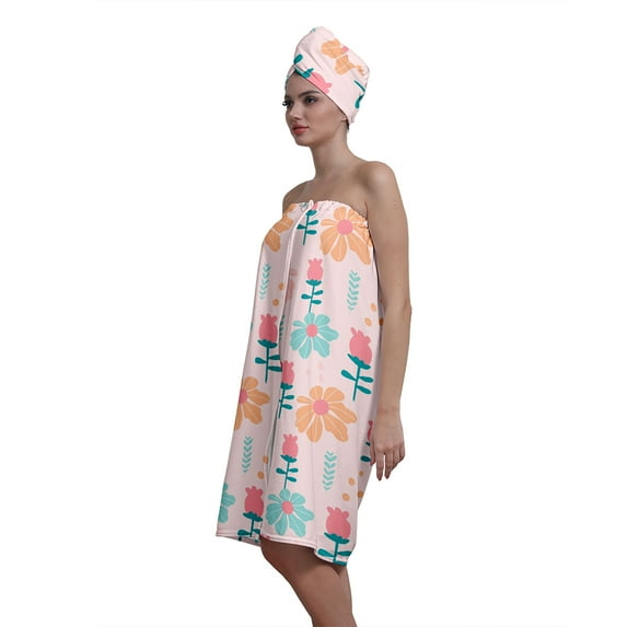 Colevkie Women 2 Pieces Adjustable Bath Skirt & Cap Bath Wrap Set Bath Wrap Towel Hair Drying Cap Soft Portable for Travel Bathroom Sauna Printed Vintage Florals Pattern