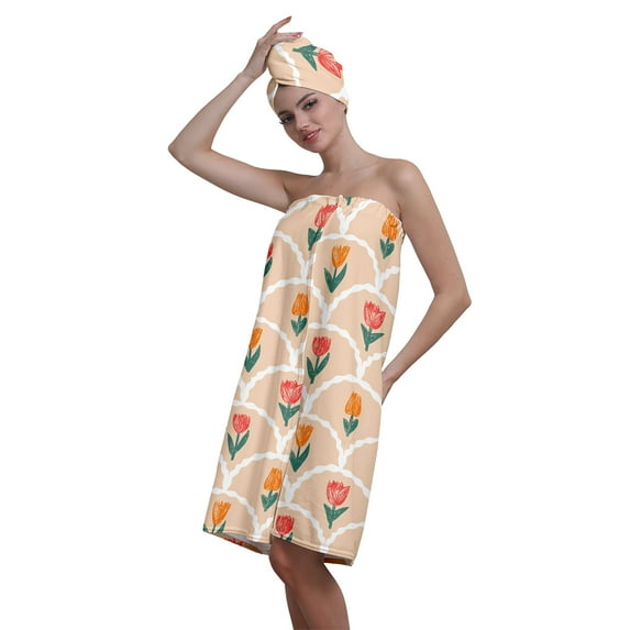 Colevkie Women 2 Pieces Adjustable Bath Skirt & Cap Bath Wrap Set Bath Wrap Towel Hair Drying Cap Soft Portable for Travel Bathroom Sauna Printed Vintage Florals Pattern