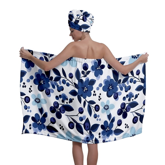 Colevkie Women 2 Pieces Bath Wrap Set Bath Towel & Hair Drying Cap for Bathroom Home Use Travel Adjustable Portable Absorbent Quick Drying Beach Towel Shower Cap Printed Blueberries Pattern