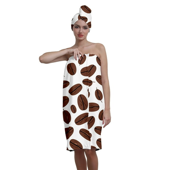 Colevkie Women's 2 Pcs Adjustable Bath Towel & Shower Cap Set Bath Wrap Set Quick Drying Portable Soft for Bathroom Shower Sauna Printed Coffee Bean Pattern