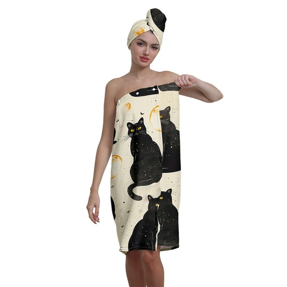 Colevkie Women's 2 Pcs Bath Wrap Set Bath Skirt & Hair Drying Cap Absorbent and Soft Bath Towel Beach Towel Shower Cap Quick Drying for Bathroom Sauna Spa Printed Cats Theme Pattern