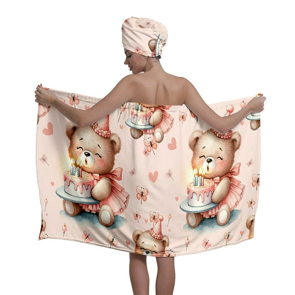 Colevkie Women's 2 Pcs Cute Bear Pattern Bath Wrap Set Bath Skirt & Shower Cap for Bathroom Sauna Beach Hair Drying Cap Shower Towel Absorbent Soft