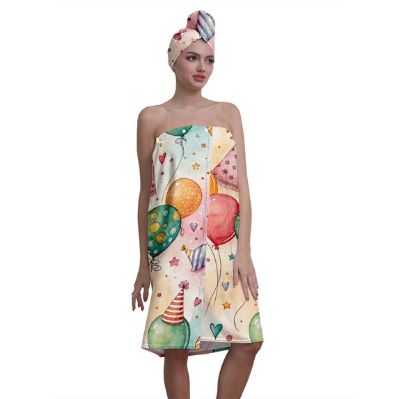 Colevkie Women's Birthday Balloon Series Pattern 2 Pcs Bath Towel & Shower Cap Set Soft Adjustable Portable Quick Drying Bath Wrap Set for Home Bathroom Sauna Beach