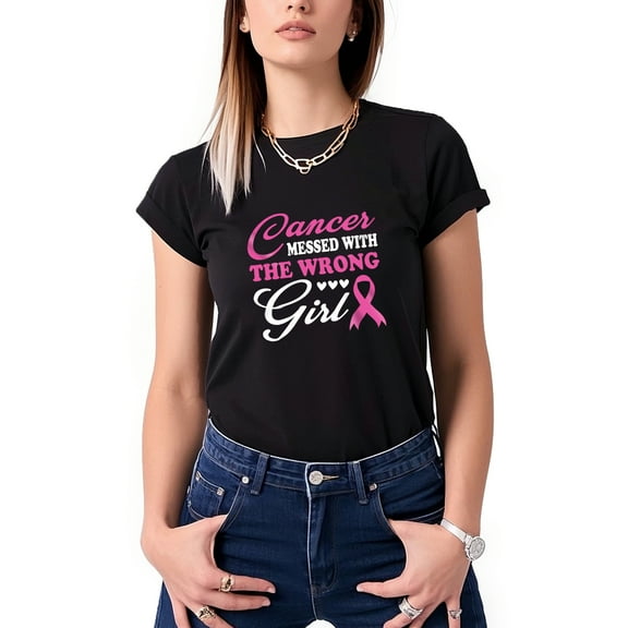 Colevkie Women’s Breast Cancer Awareness T-shirt with Pink Ribbon Pattern Summer Round Neck Short Sleeve Tops(Black-Women,XS)