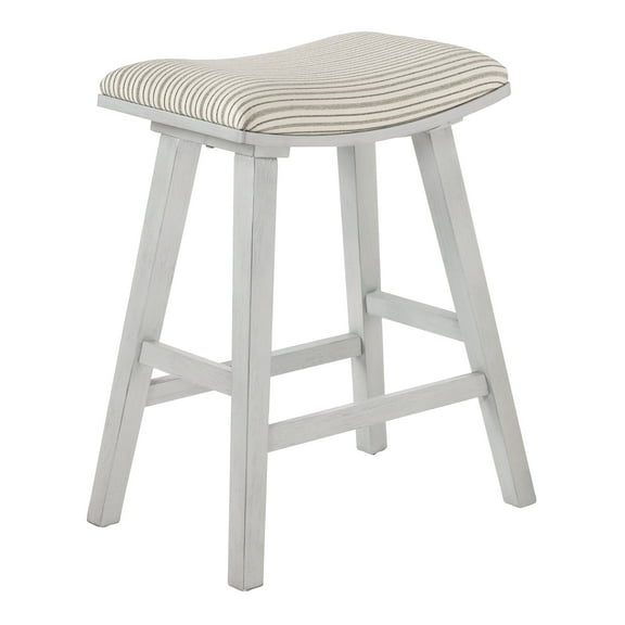 Coley 24" Saddle Stool with Cream Pin Stripe Fabric Seat and White Wash Frame