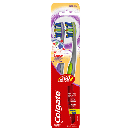 Colgate 360 Advanced 4 Zone Manual Toothbrush with Tongue and Cheek Cleaner, Medium, 2 Ct