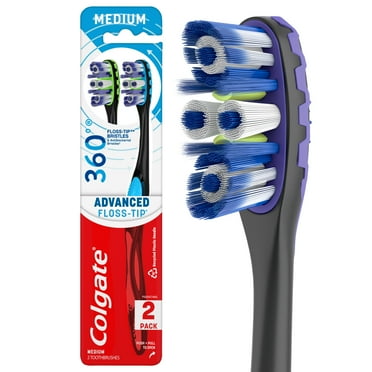Colgate 360 Advanced Floss-Tip Bristles Adult Manual Toothbrush, Medium, 2 Pack