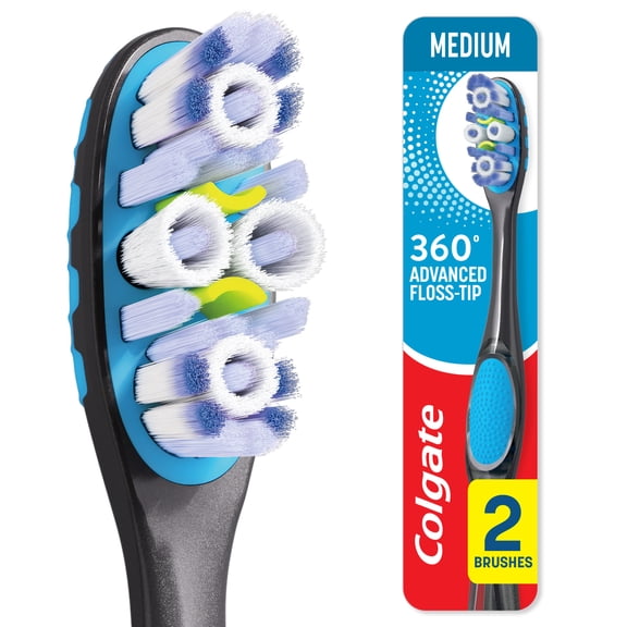 Colgate 360 Floss-Tip Toothbrush Pack, Medium Adult Toothbrushes, 2 Pack